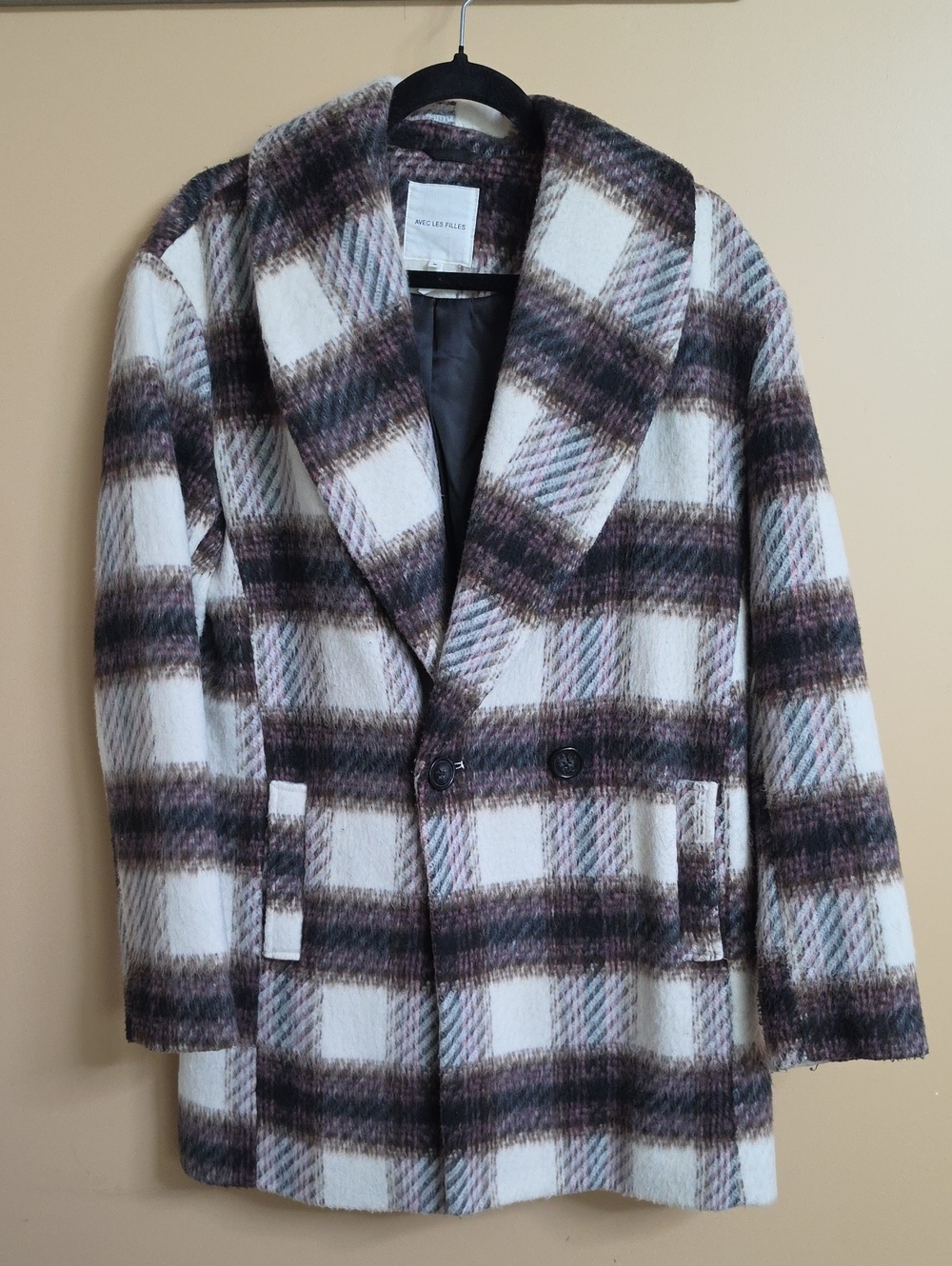Avec Les Filles Plaid Double-Breasted Pea Coat in White and Brown